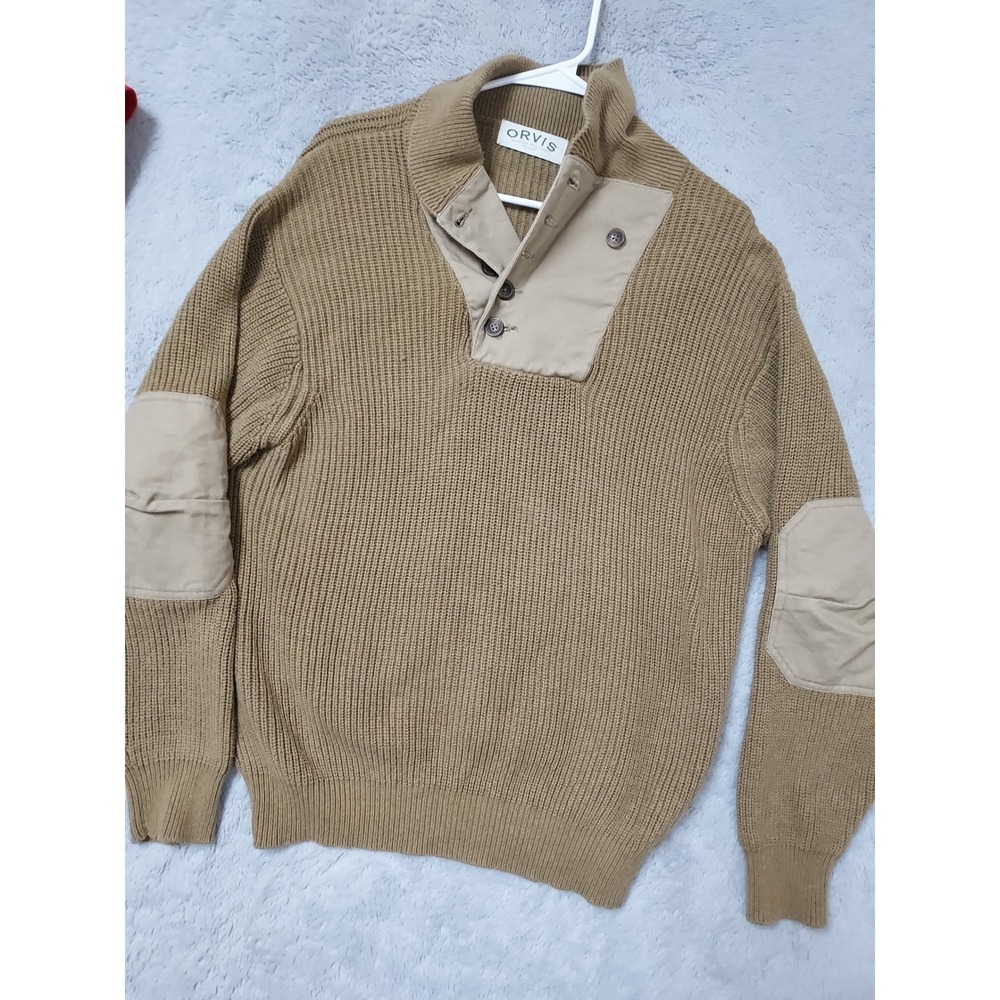 Orvis Military Sweater Mens Large Elbow Patch Shawl Neck Button Cable Knit Green